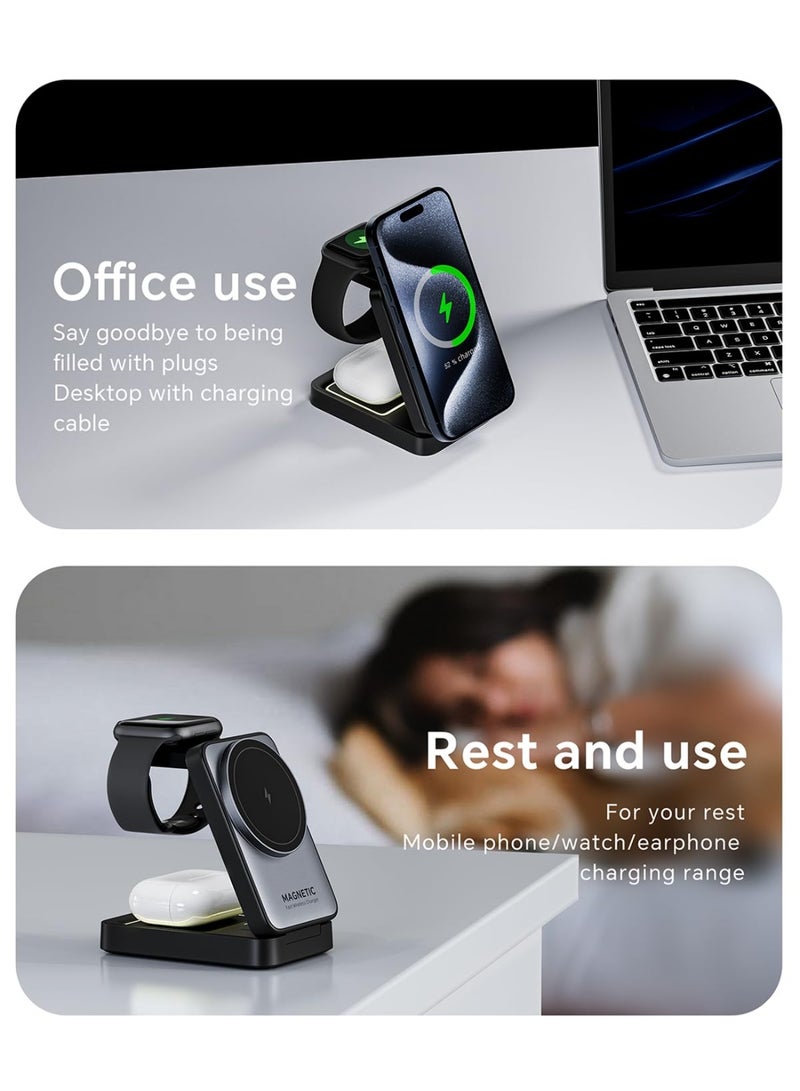 شاحن لاسلكي مغناطيسي قابل للطي 3 في 1، شاحن لساعة أبل، شاحن مغناطيسي لأجهزة آيفون، قاعدة شحن لأجهزة آيفون، شاحن قاعدة - شحن سريع، مناسب لأجهزة آيفون/ساعة أبل/إيربودز، إضاءة ليلية قابلة للتعديل، حامل محمول، مناسب للسفر، مناسب لأجهزة أبل/سامسونج/هواوي/شاومي وغيرها من الهواتف المحمولة/سماعات الأذن المزودة بخاصية الشحن المغناطيسي (فضي). - Image 4